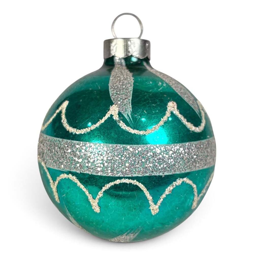 Vtg 2.25" Shiny Brite Teal Glass Christmas Ornament Silver Glitter Stripe Mica